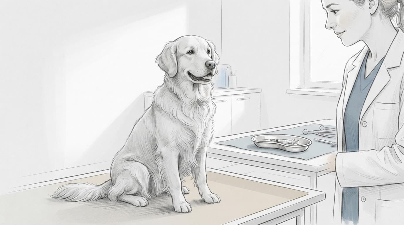 Ruhiger Hund neben einer tierärztlichen Beratung mit Spritze auf einem Tablett.