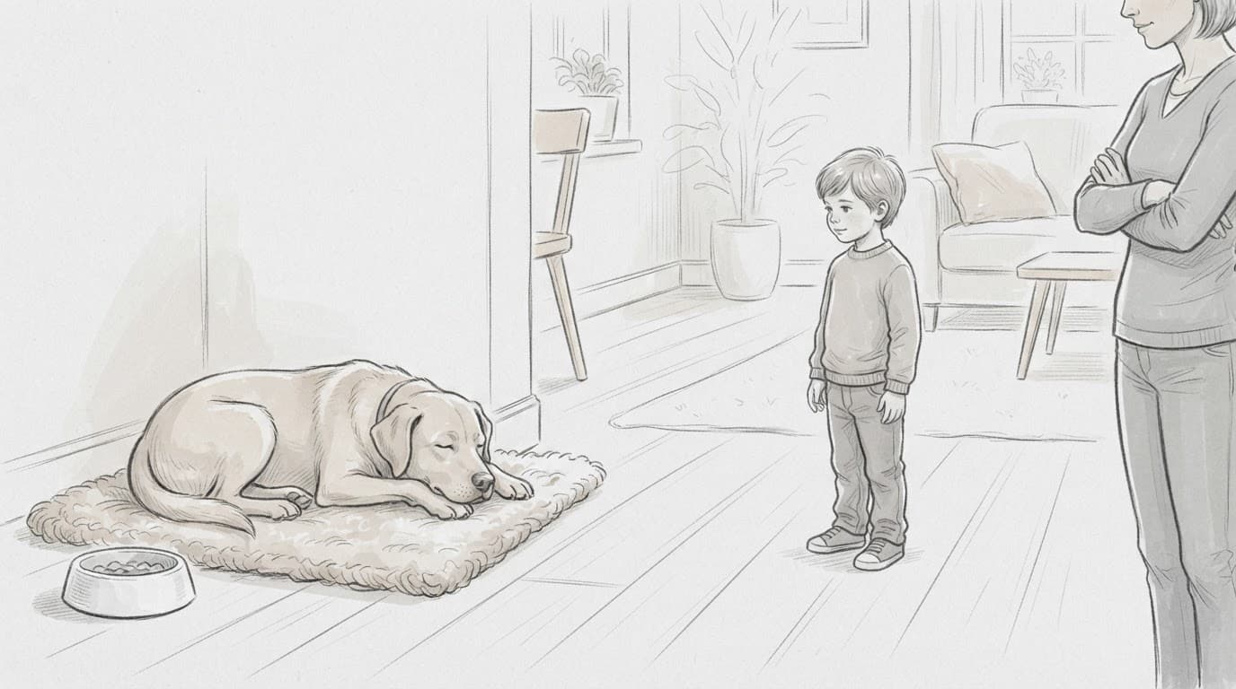 Ein Hund ruht neben seinem Futternapf, während ein Kind Abstand hält.