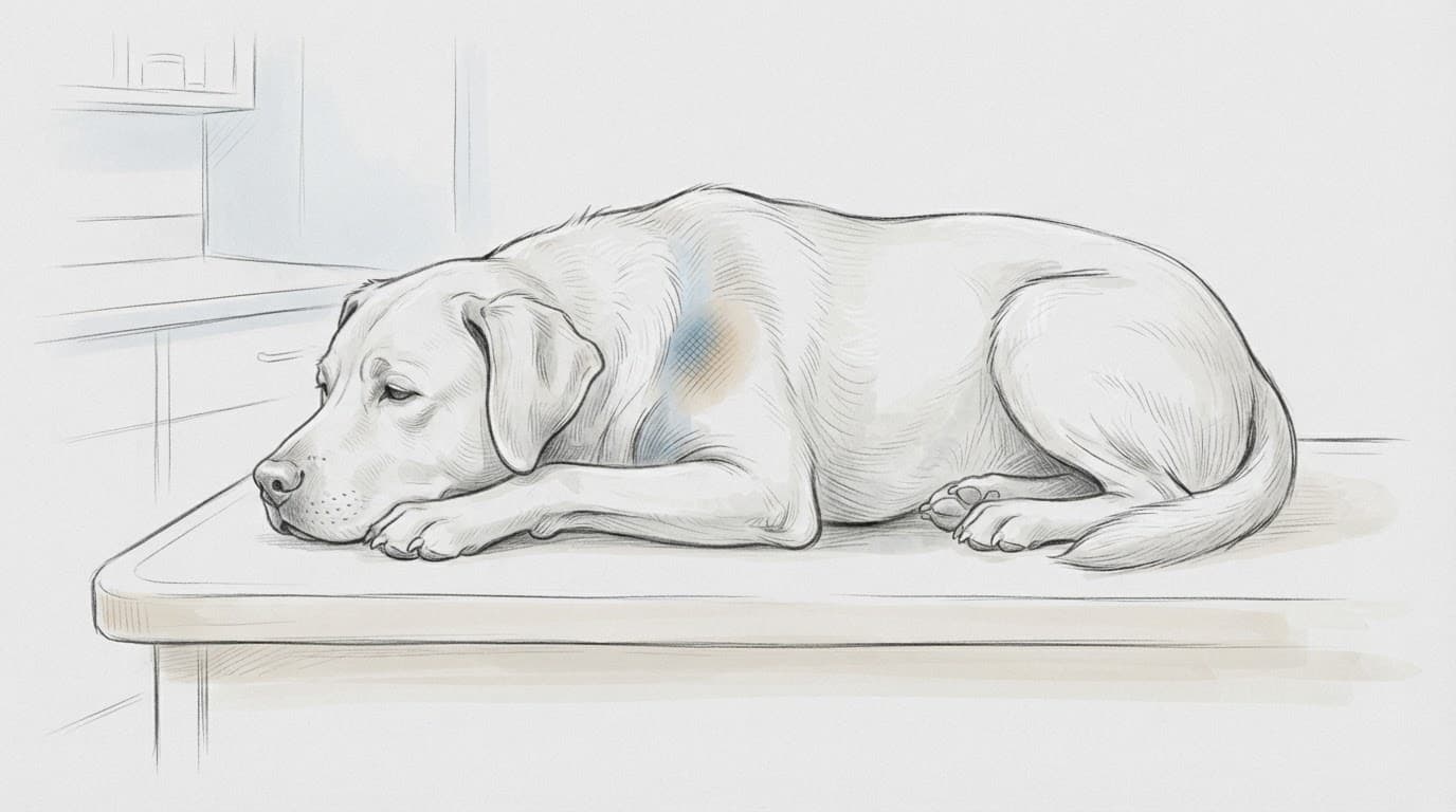 Ruhiger Hund im Profil mit dezenter Schattierung an der Schulter auf einem Untersuchungstisch.