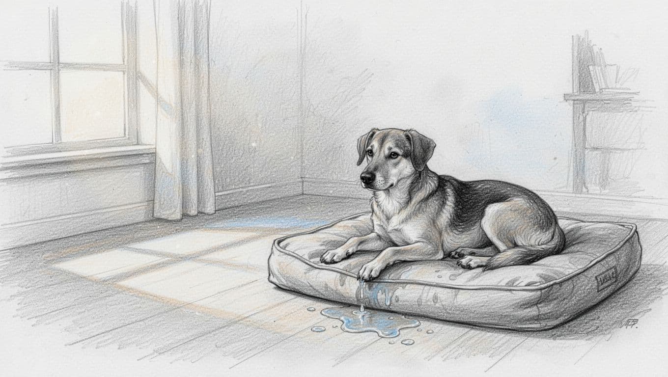 Ein Hund ruht auf einem Hundebett mit kleiner feuchter Stelle.