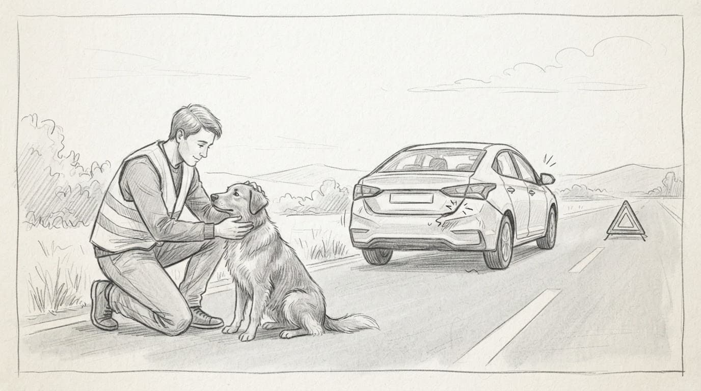 Eine Person beruhigt einen Hund neben einem Auto mit Warndreieck.