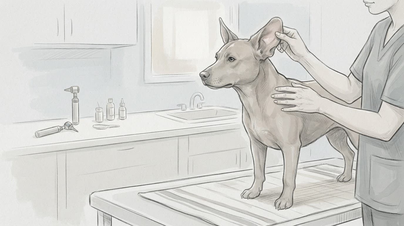Ein Hund wird im Untersuchungsraum am Schlappohr untersucht.