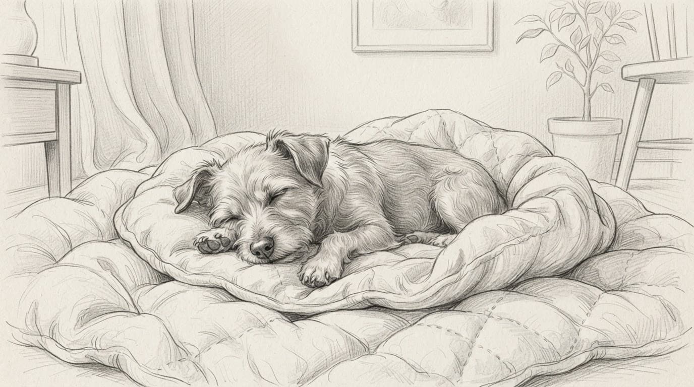 Schlafender Hund auf einer weichen Decke im ruhigen Zimmer.