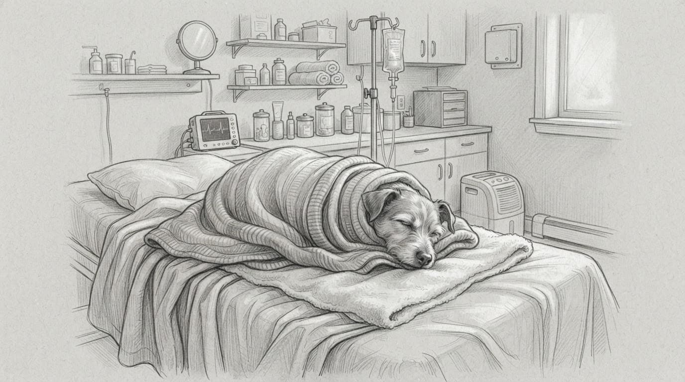 Ein Hund ruht eingewickelt in einer warmen Decke auf einem tierärztlichen Untersuchungstisch.
