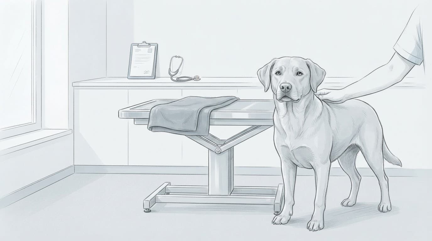 Ein gesunder Hund steht neben einem Untersuchungstisch; eine Hand ruht an seiner Schulter.