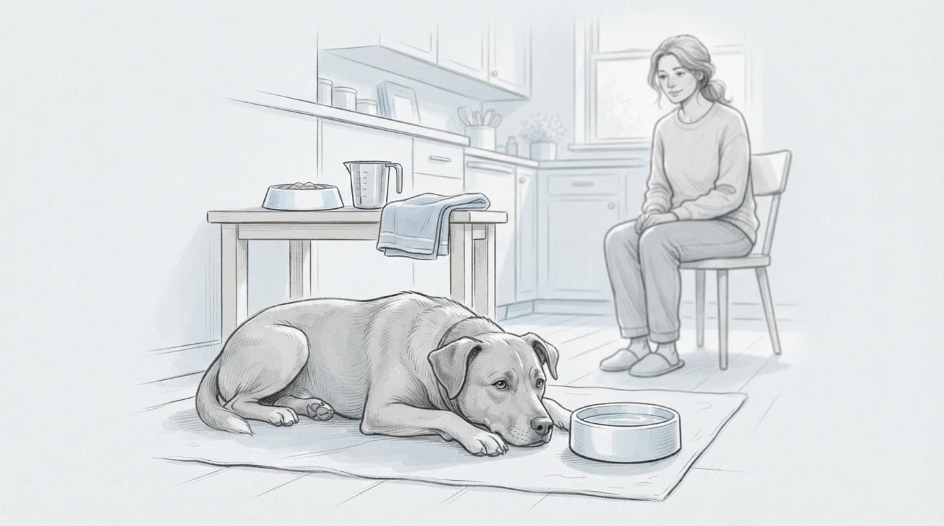 Ein Hund liegt neben einem Wassernapf, während sein Besitzer in der Küche sitzt.