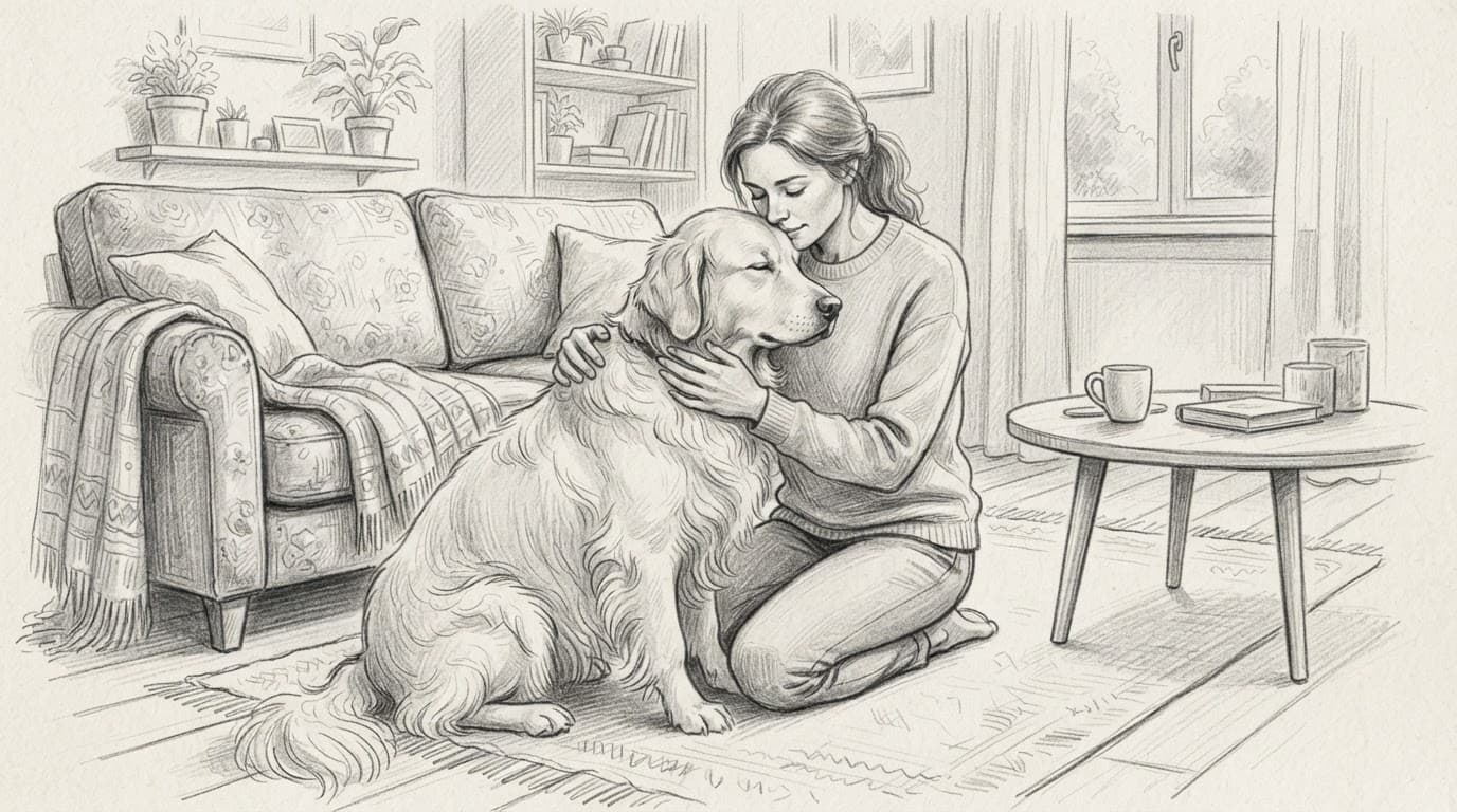 Eine Person tröstet einen Hund in einem sicheren Wohnzimmer.