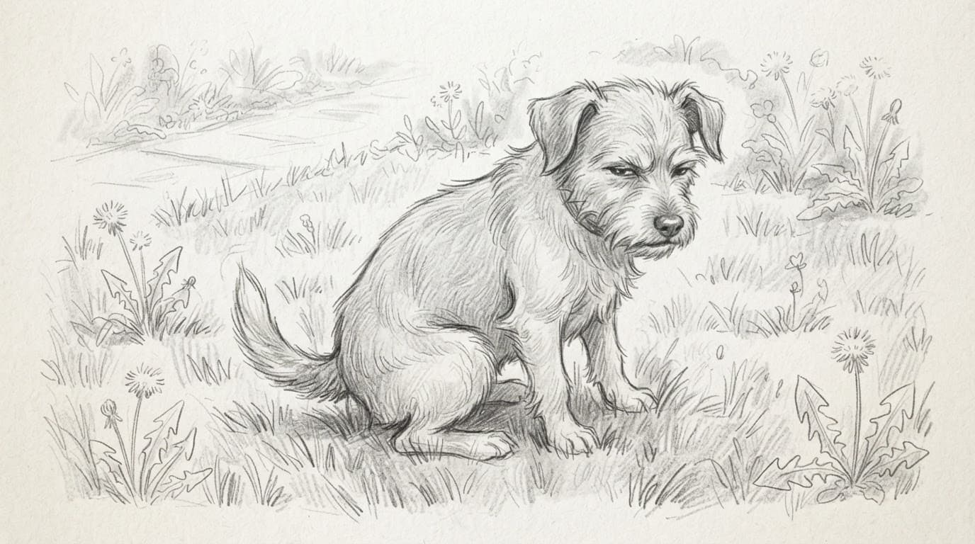 Ein Hund sitzt unruhig auf dem Gras.