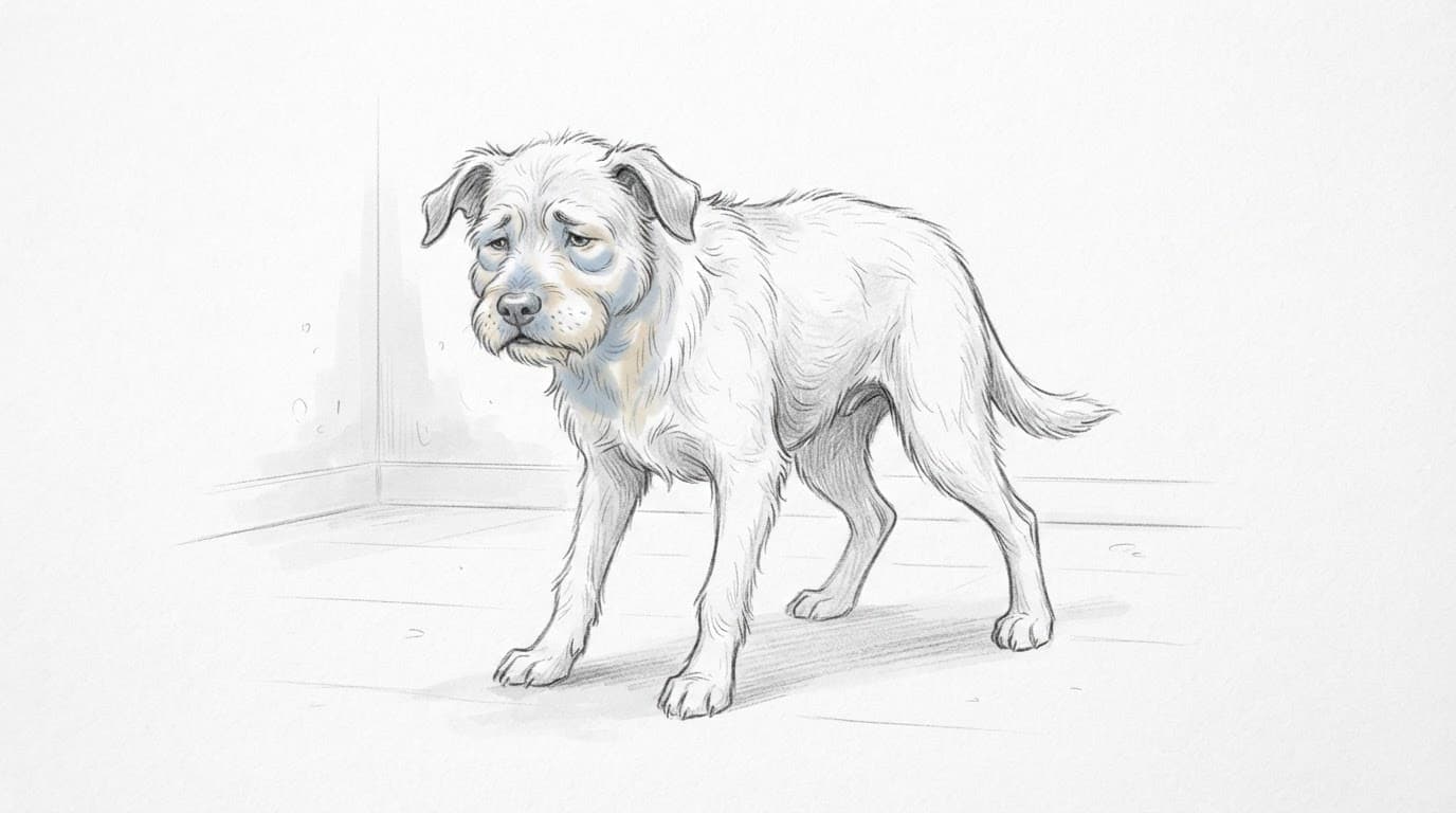 Ein Hund mit leicht geschwollenem Gesicht steht unruhig auf weißem Hintergrund.