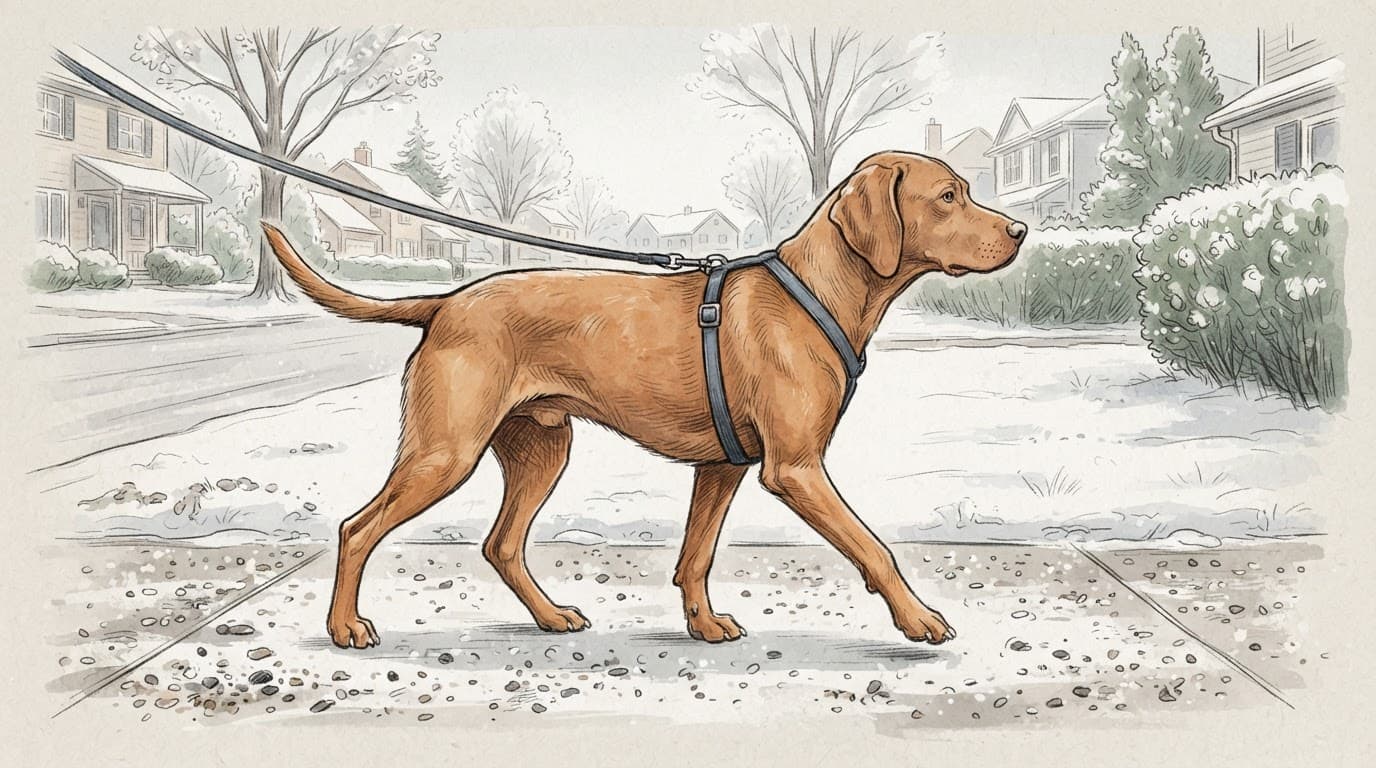 Seitlich gezeichneter Hund mit sichtbaren Pfoten auf einem verschneiten, gestreuten Gehweg.