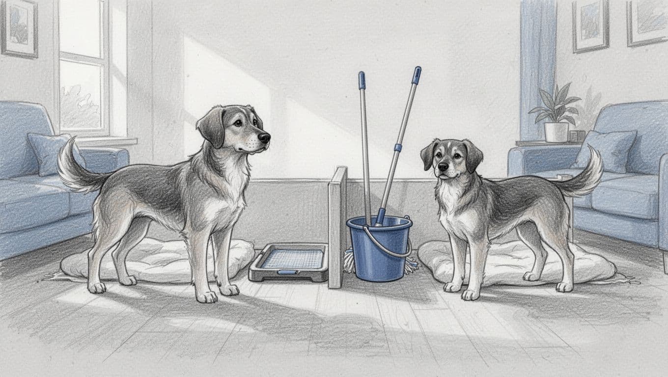 Zwei Hunde ruhen getrennt hinter einer niedrigen Barriere mit eigenen Näpfen und Reinigungsutensilien.