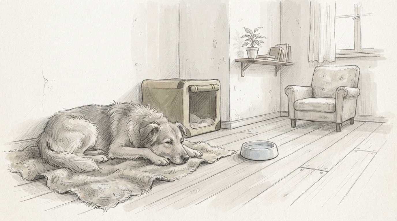 Ein geretteter Hund liegt auf einer Decke neben Transportbox und Wassernapf.