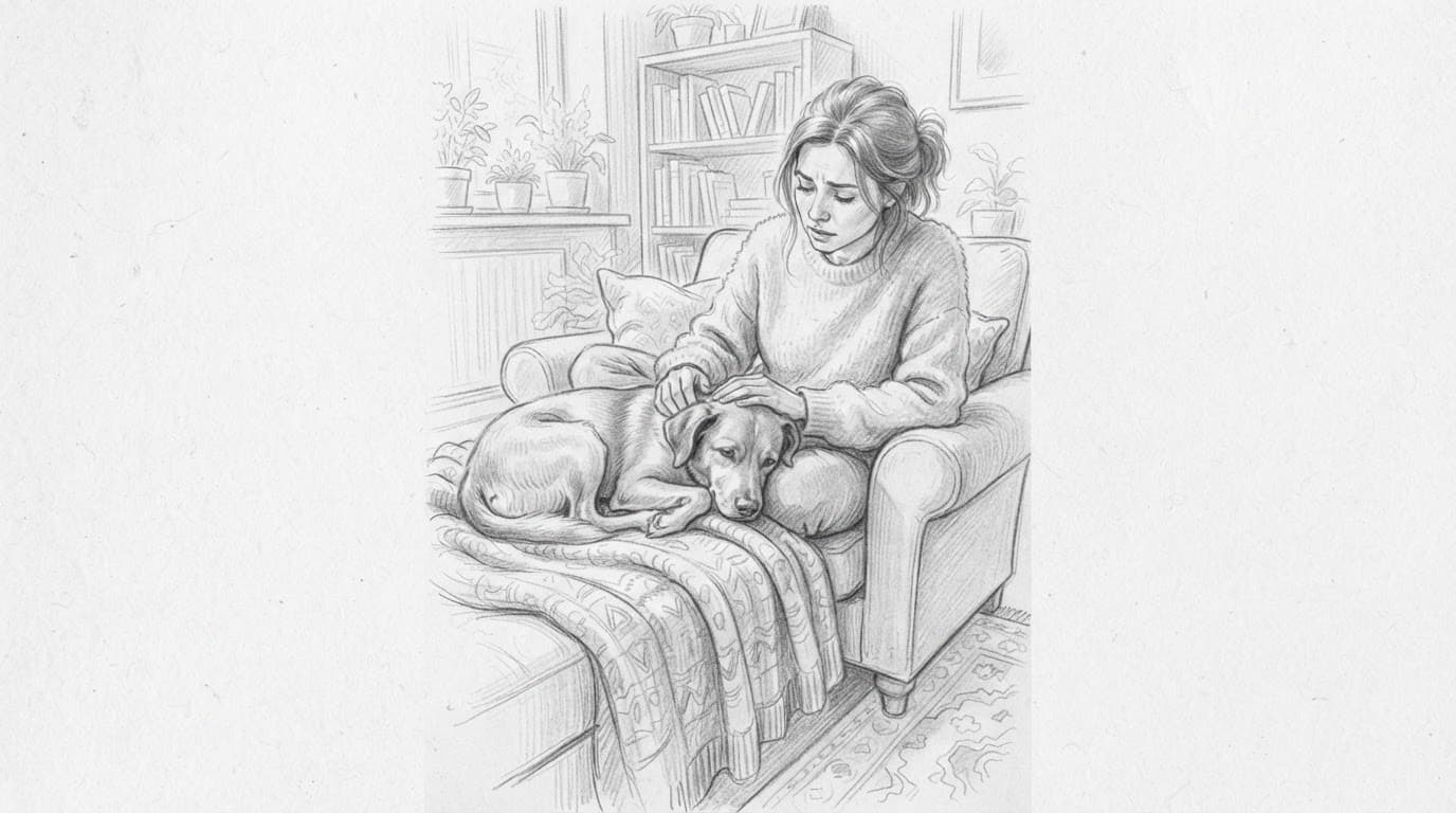 Eine Person beruhigt einen ruhenden Hund auf einer kuscheligen Decke.