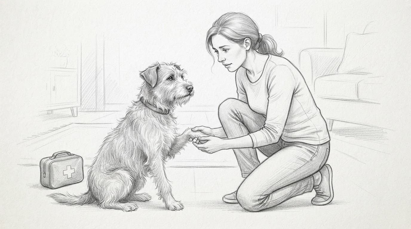 Eine Person untersucht ruhig das Vorderbein eines Hundes.