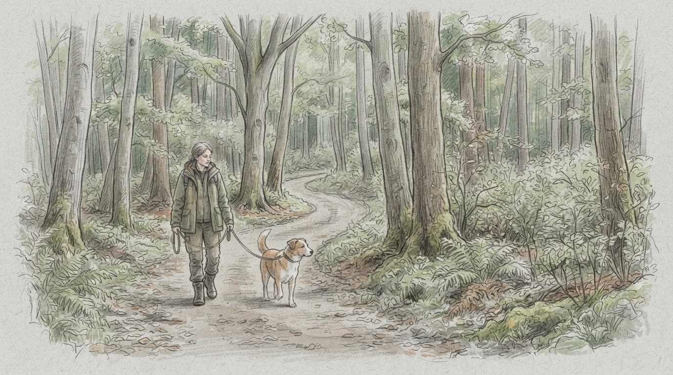 Eine Person geht mit einem Hund auf einem schmalen Waldweg.
