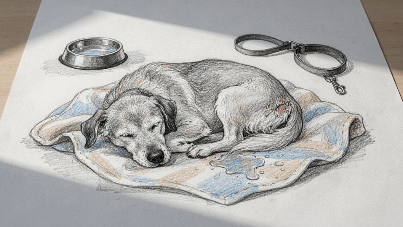 Ein älterer Hund schläft auf einer Decke neben Wassernapf und Leine.