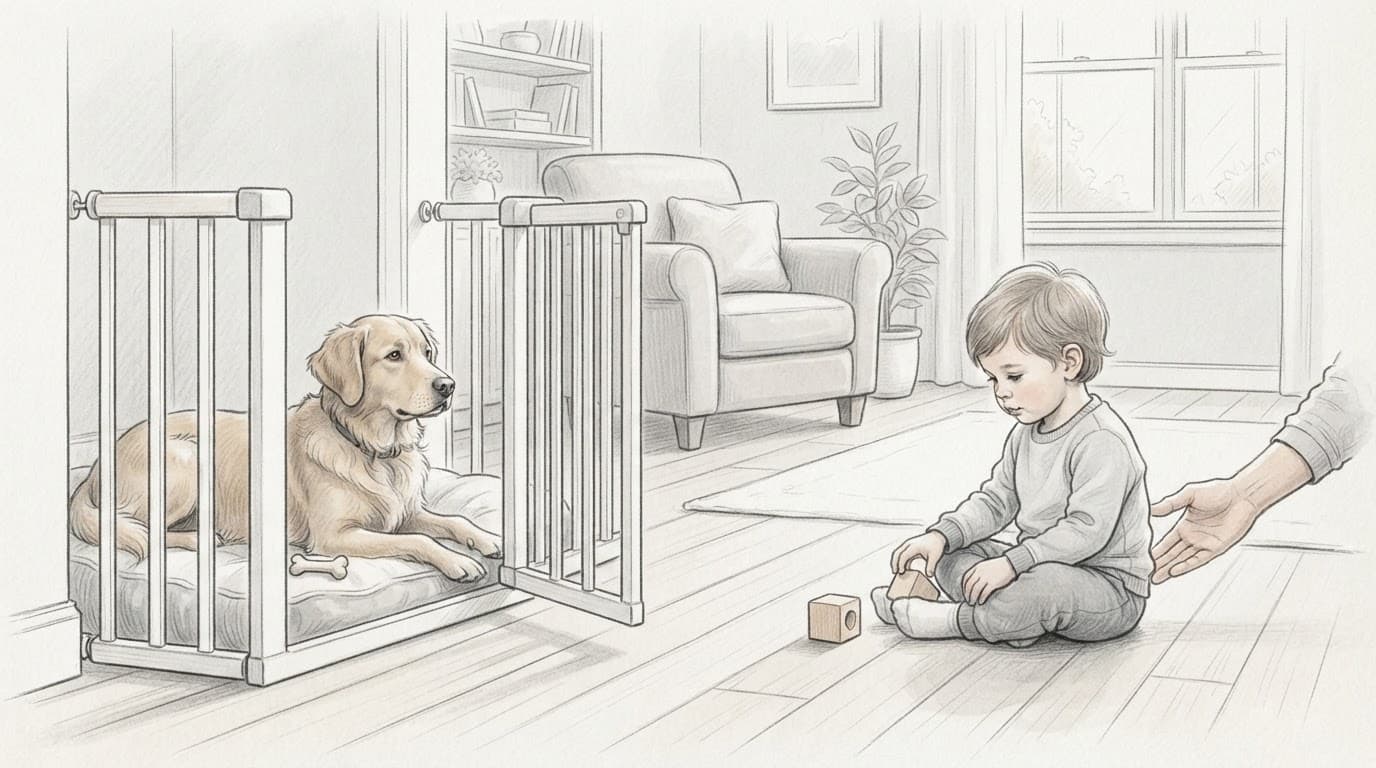 Ein Kind sitzt mit Abstand neben einem Hund und dessen Rückzugsort hinter einem Gitter.