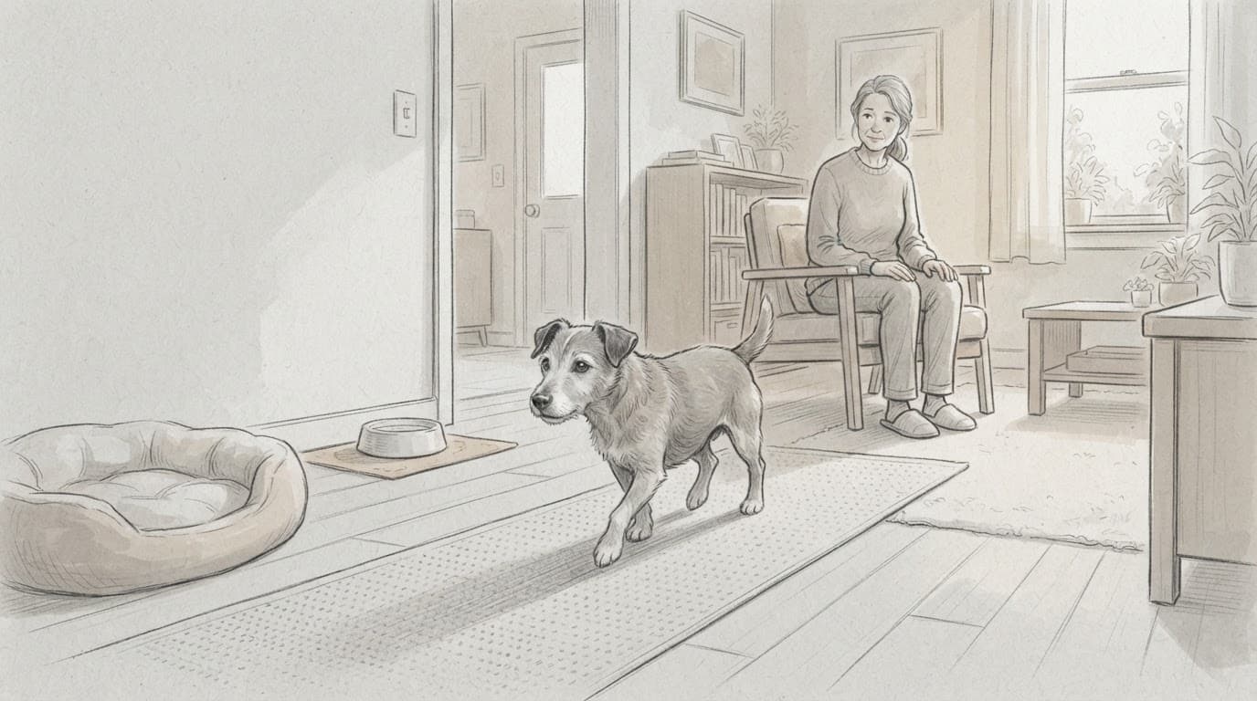 Älterer Hund auf sicherem Weg zwischen Bett und Wassernapf.