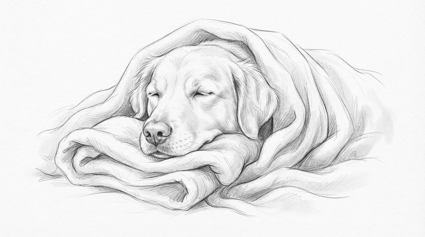 Ein Hund liegt sicher in eine warme Decke gewickelt.