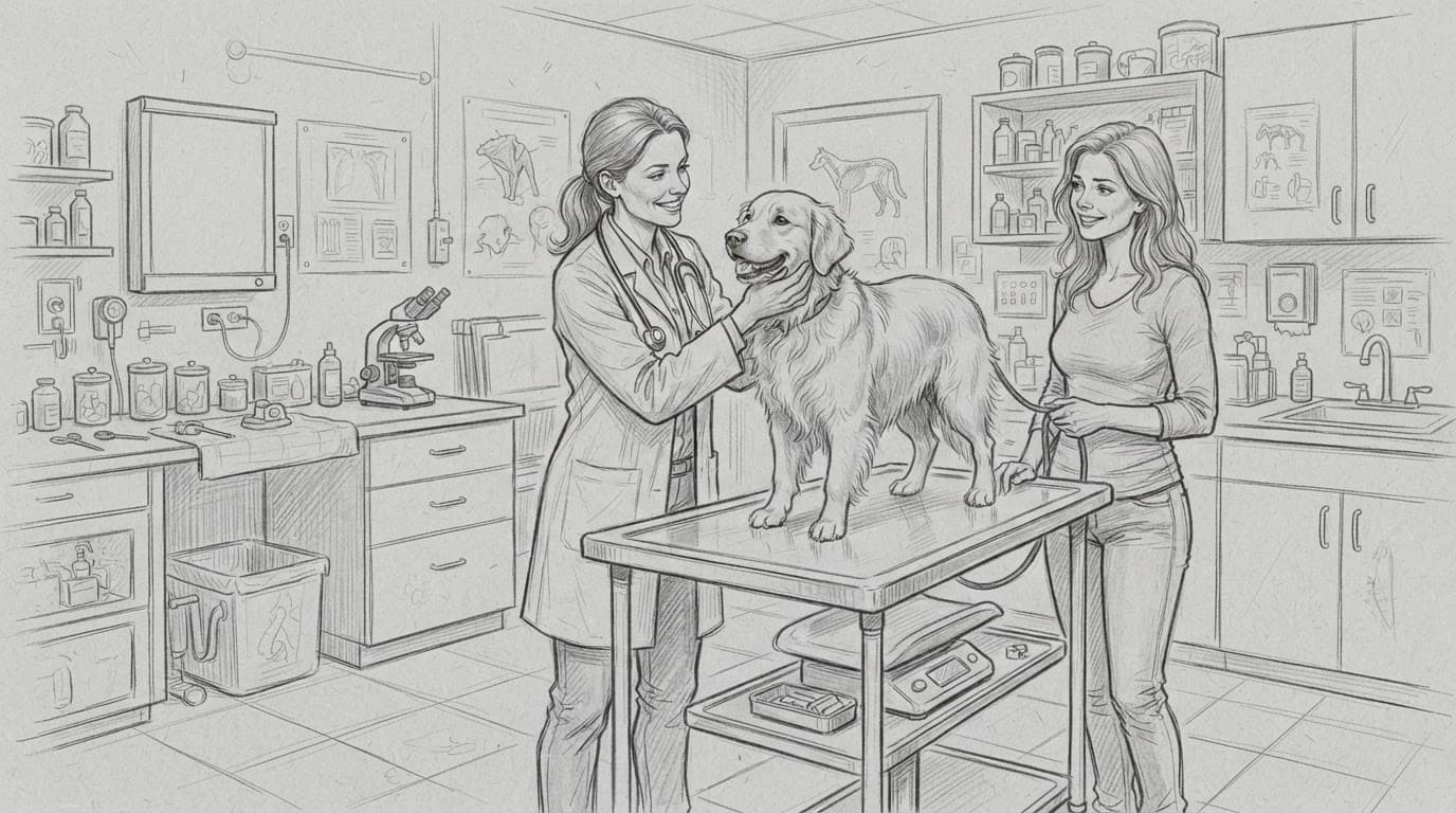 Tierärztin und Hundehalter beraten sich mit einem Hund in der Praxis.
