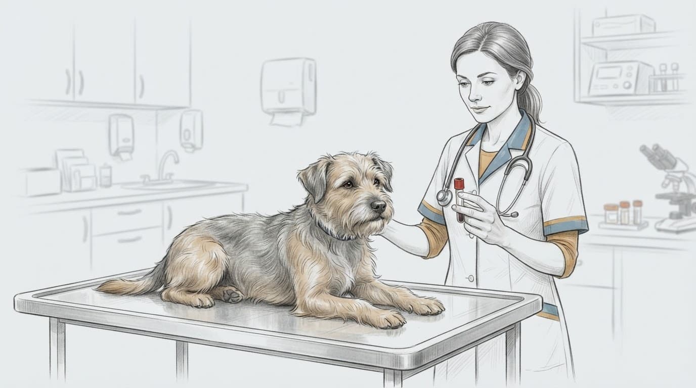 Tierarzt untersucht einen ruhigen Hund mit einem Blutprobenröhrchen.