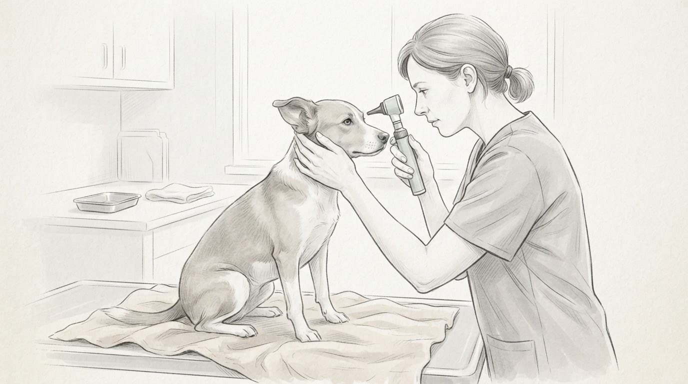 Ein Hund wird mit einem Otoskop am Ohr untersucht.