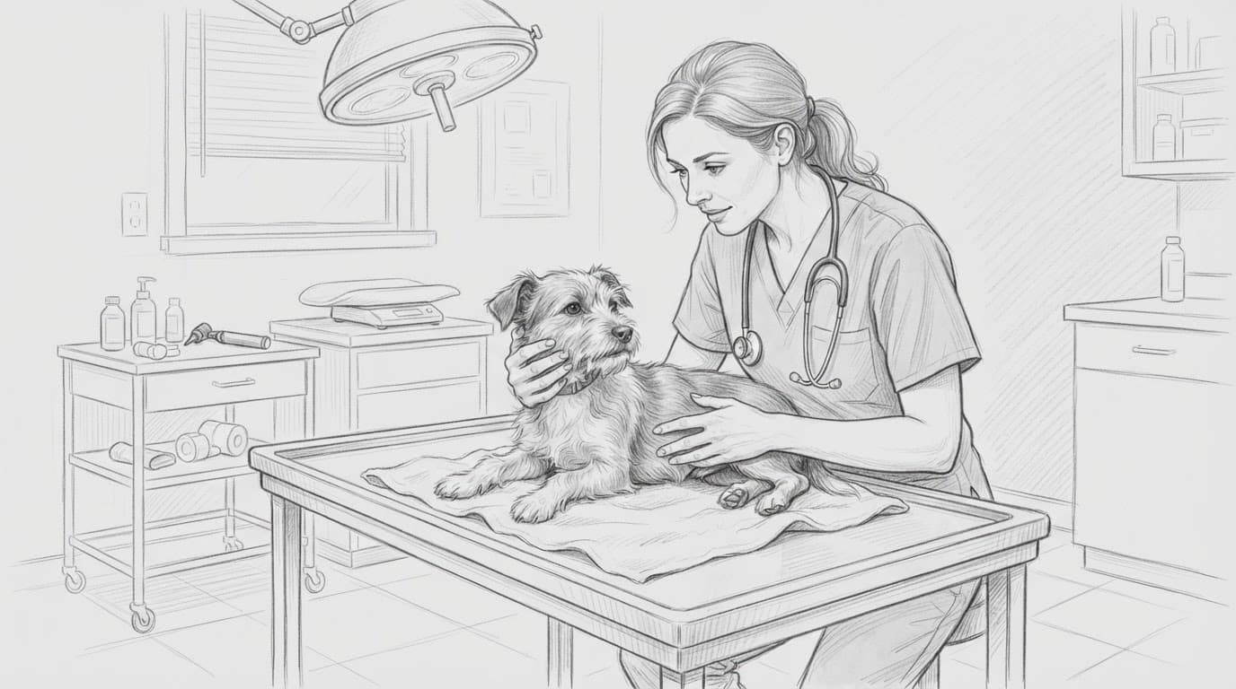 Eine Tierärztin untersucht einen kleinen Hund in der Klinik.