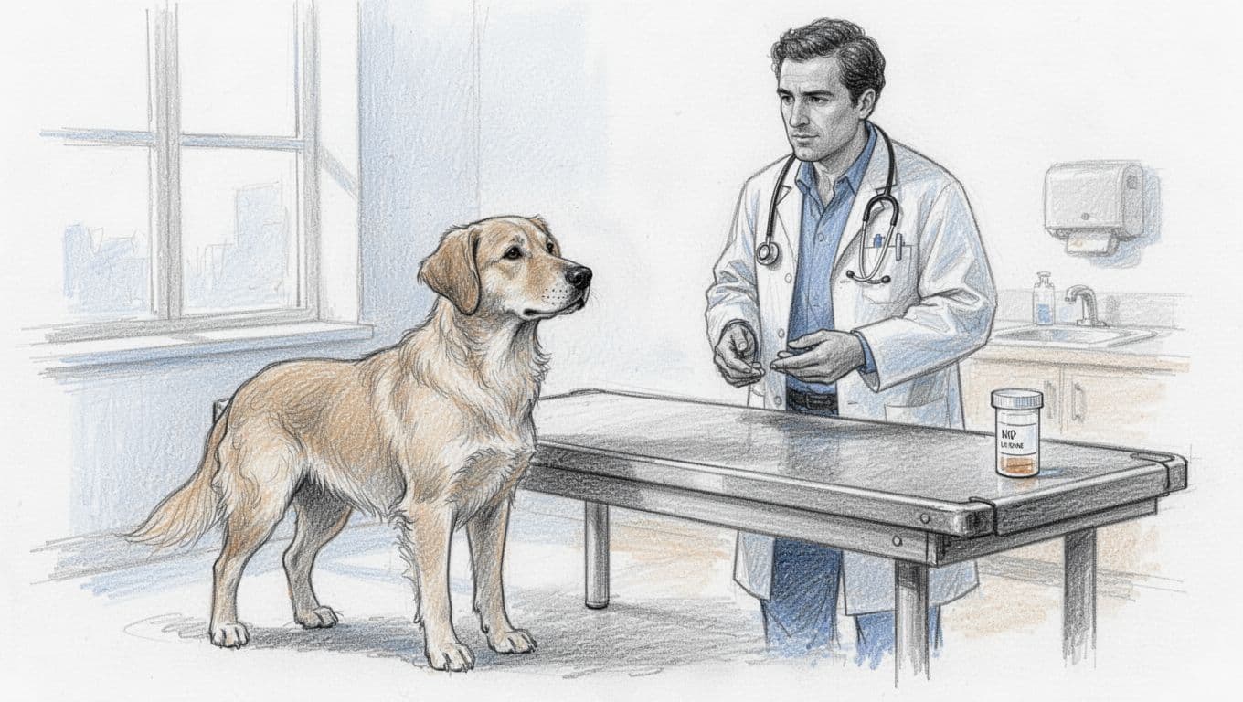 Ein Hund steht ruhig neben dem Untersuchungstisch, während die Tierärztin ihn beobachtet.