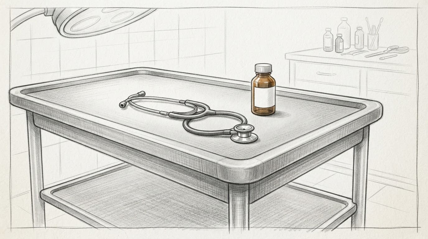 Veterinäre Untersuchungsliege mit Stethoskop und kleiner Medikamentenflasche auf weißem Papier.