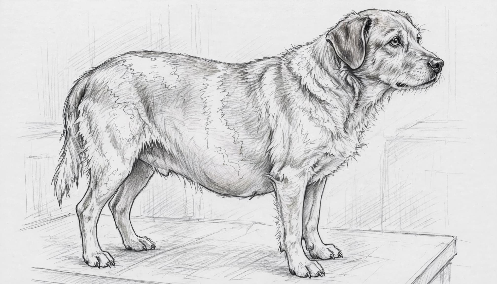 Seitlich gezeichneter älterer Hund mit rundem Hängebauch und dünnerem Fell an den Flanken.
