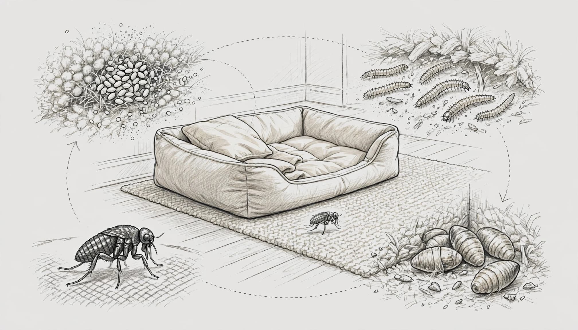 Handgezeichnete Darstellung des Flohzyklus rund um Hundebett und Teppich.