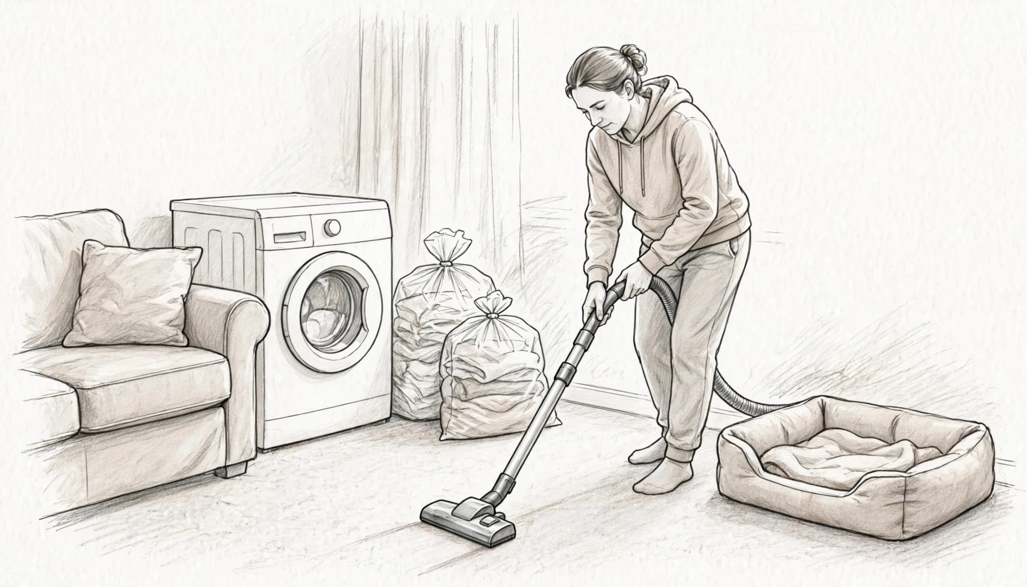 Eine Person saugt den Teppich neben einem Hundebett; Wäschesäcke und Waschmaschine stehen im Hintergrund.