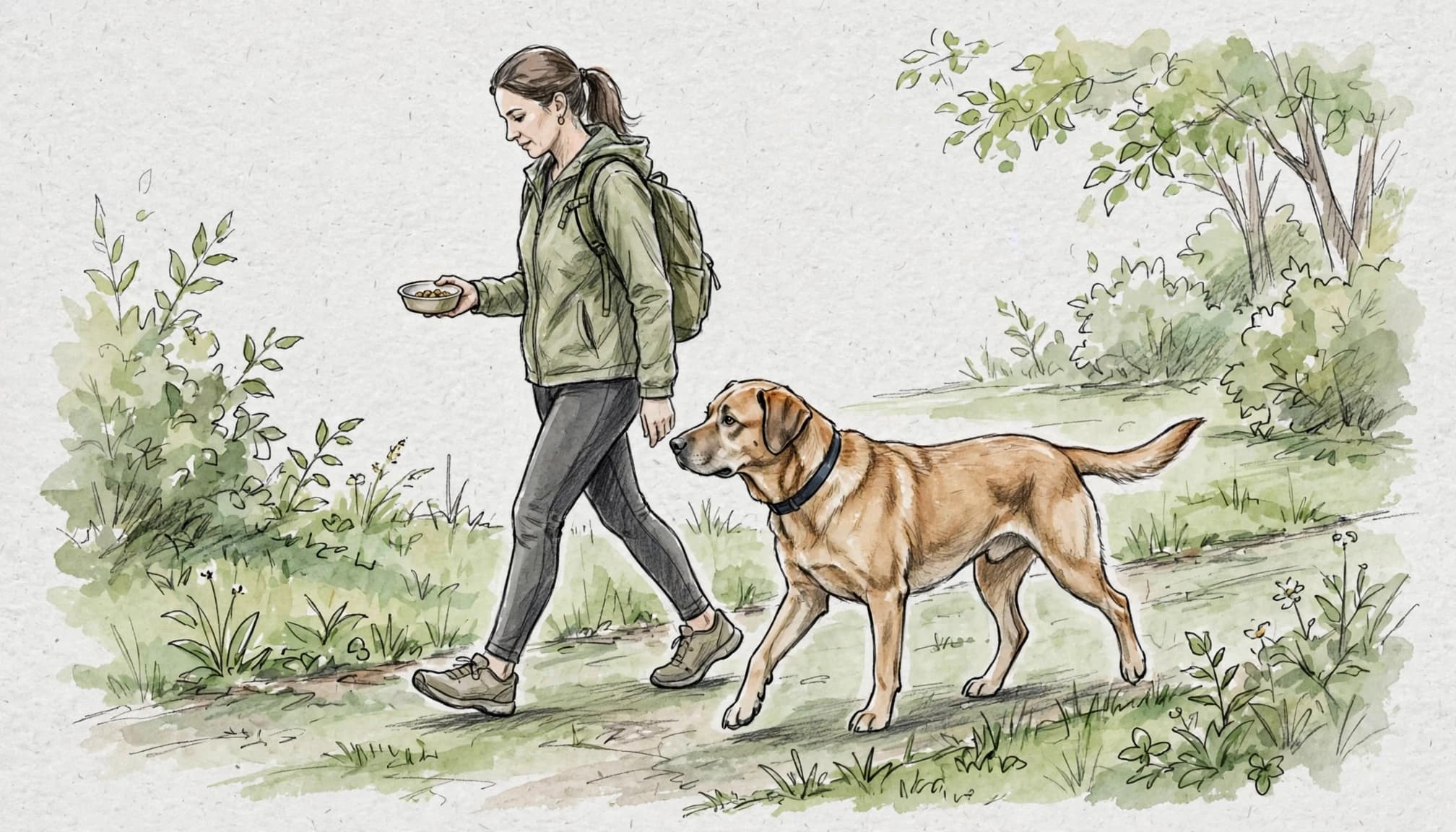 Ein Labrador-Mischling geht mit einer Person auf einem grünen Parkweg; sie hält eine Futterschale.