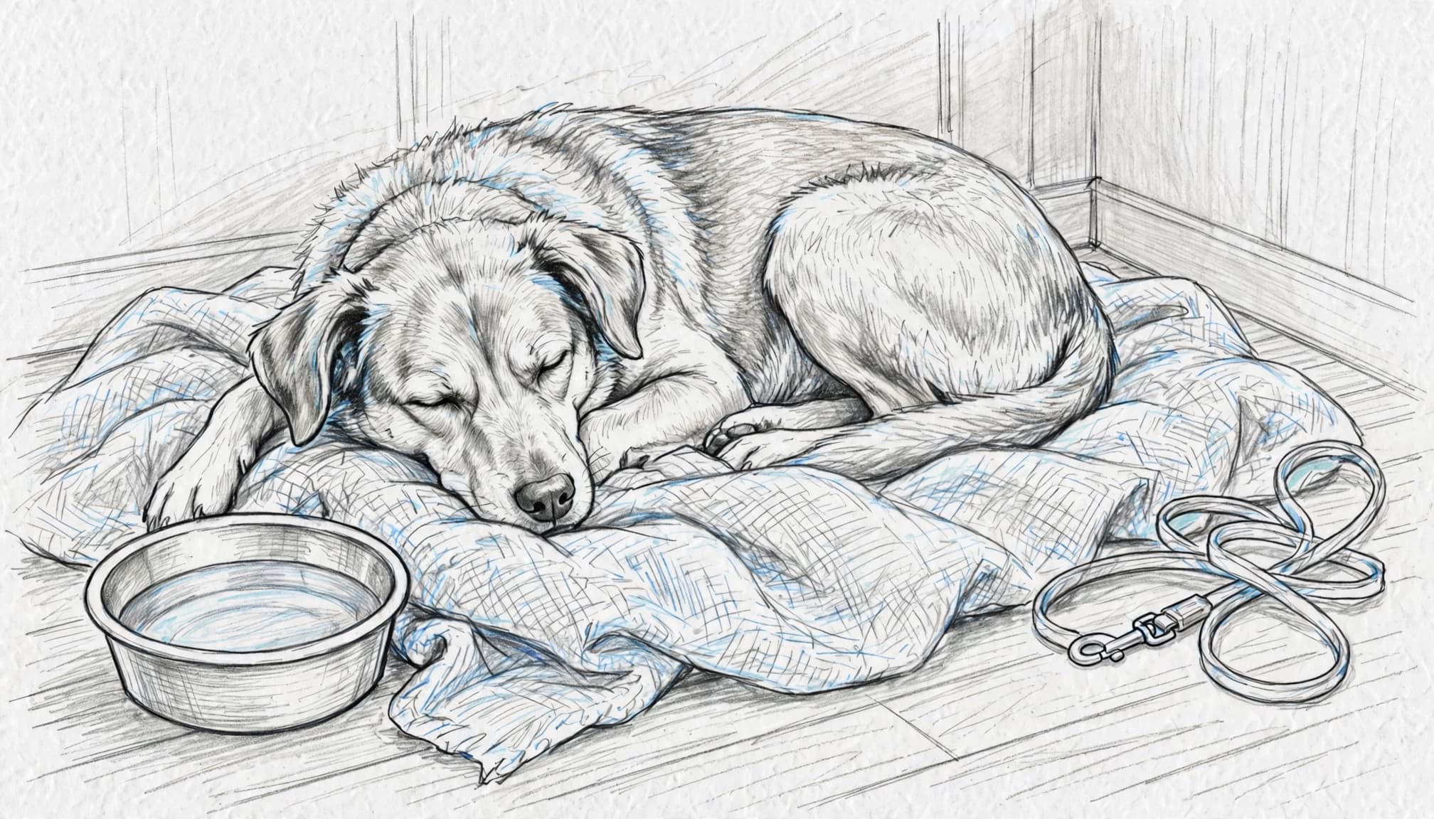 Ein Hund liegt auf einer Decke neben Wassernapf und Leine.