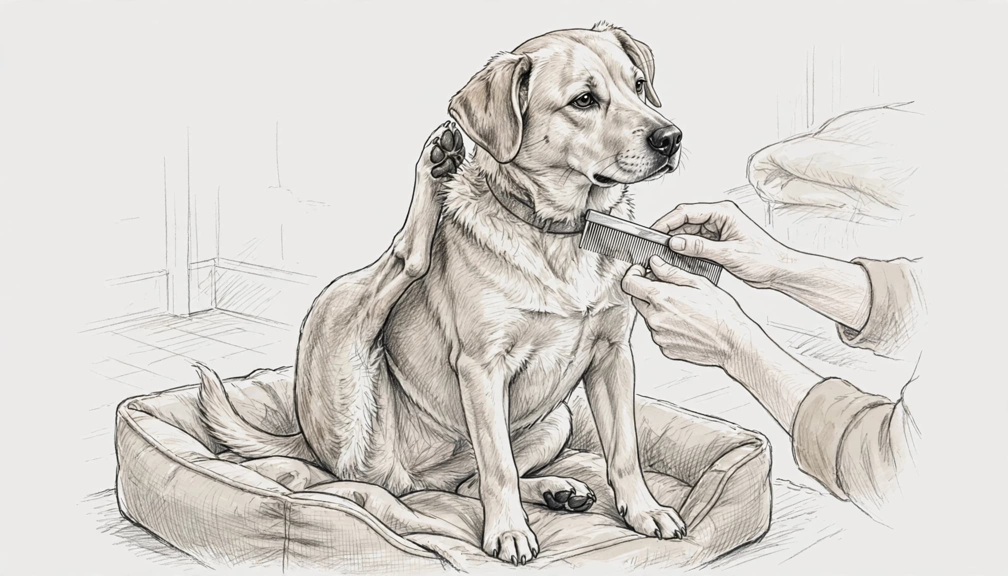 Ein Hund kratzt sich, während eine Person sein Fell mit einem Flohkamm untersucht.