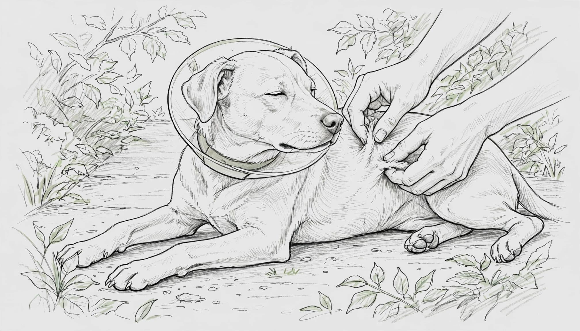 Eine Person kontrolliert behutsam die Flanke eines Hundes auf einem schattigen Gartenweg.