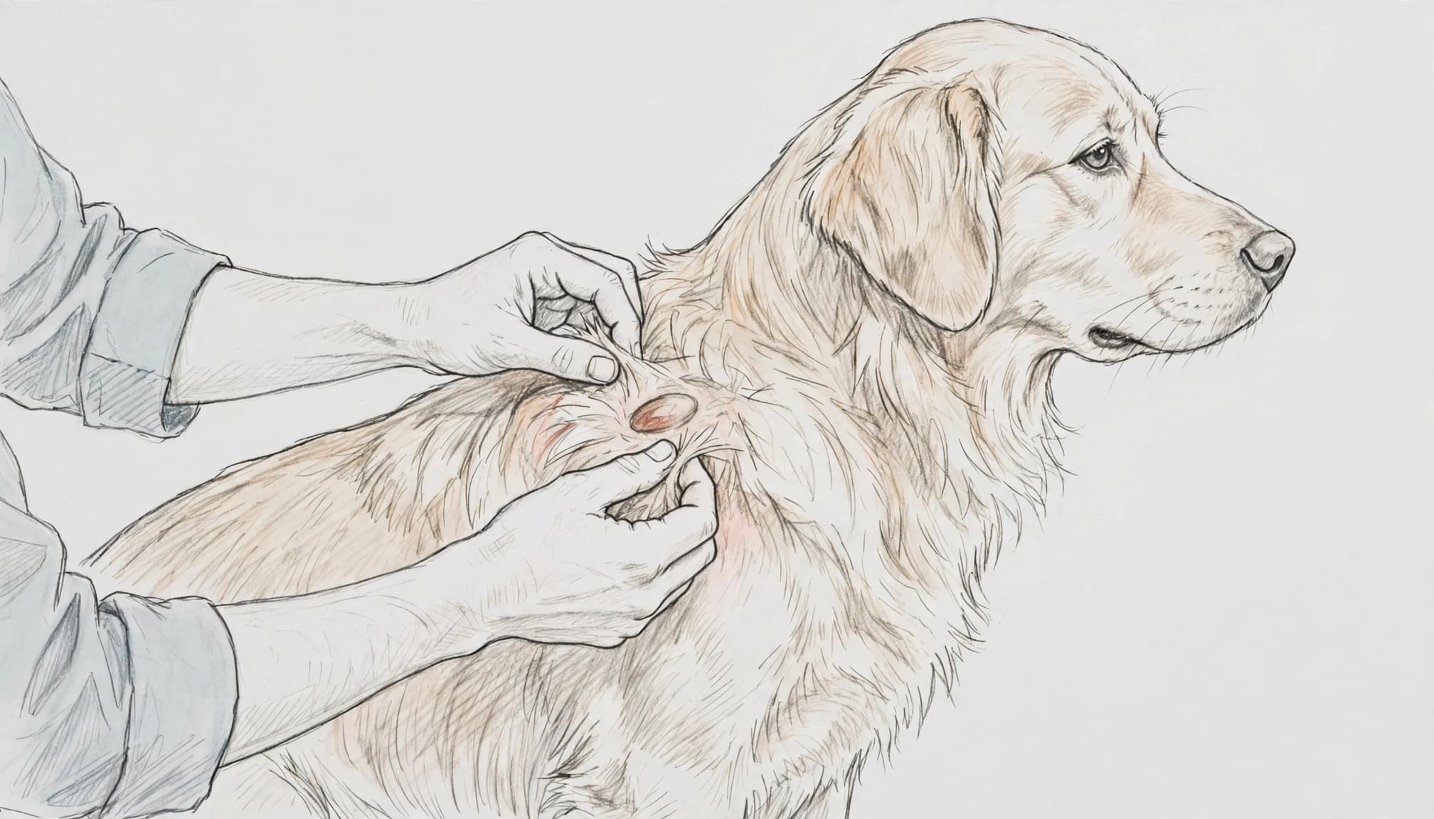 Eine Tierärztin untersucht eine kleine gerötete Stelle an der Schulter eines goldenen Hundes.