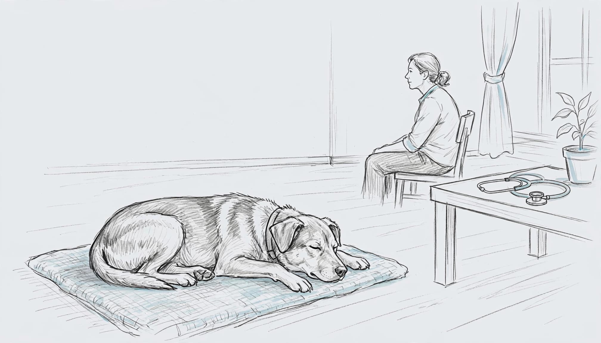 Ein Hund ruht auf einer Matte, während eine Person ihn aus der Ferne beobachtet.