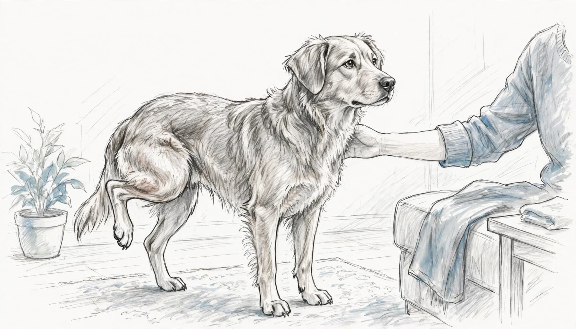 Ein Hund schont sein Hinterbein, während sein Besitzer beruhigend danebensteht.