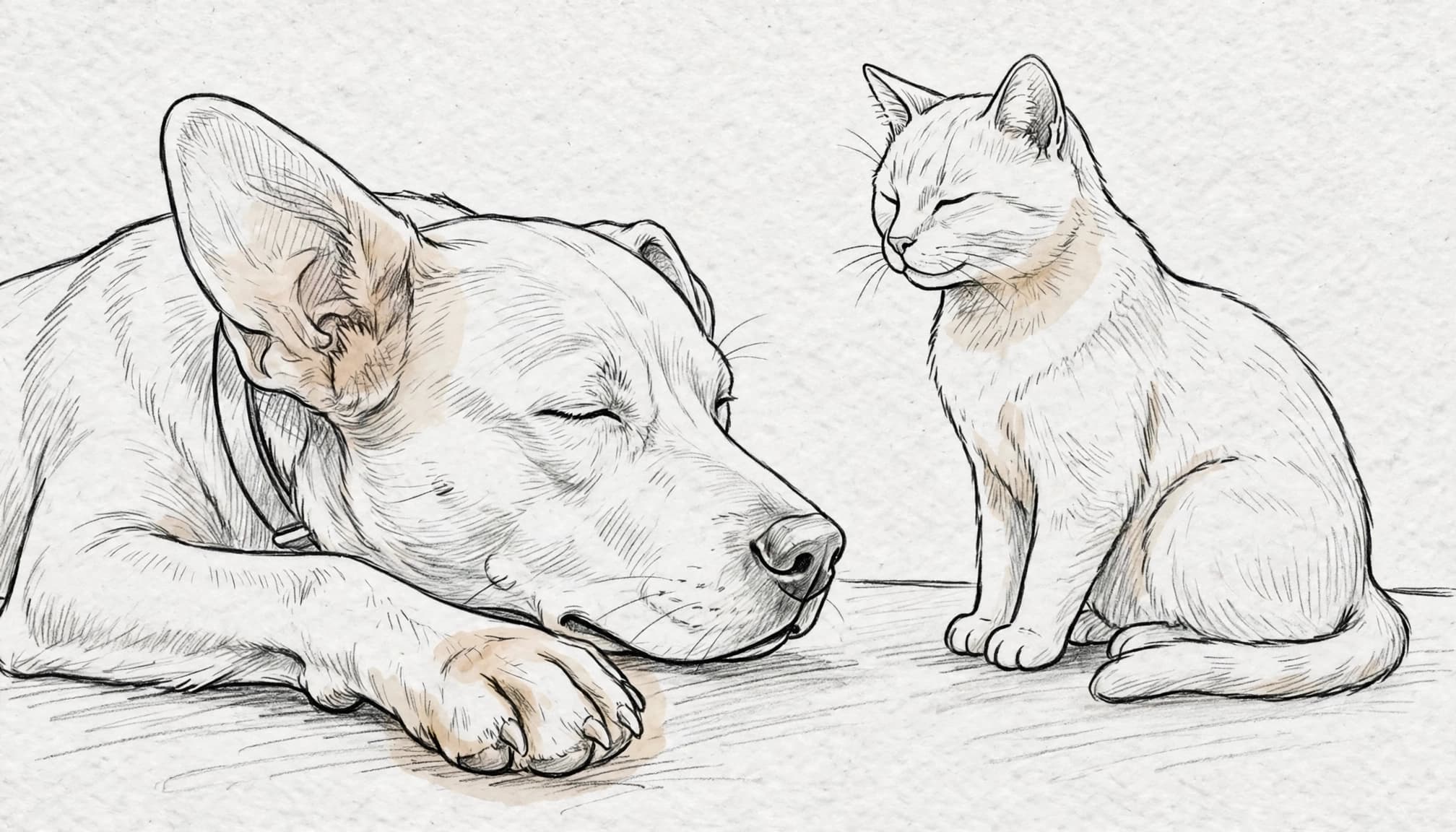 Hund und Katze bei ruhiger Untersuchung mit angedeuteten Haut- und Ohrsymptomen.