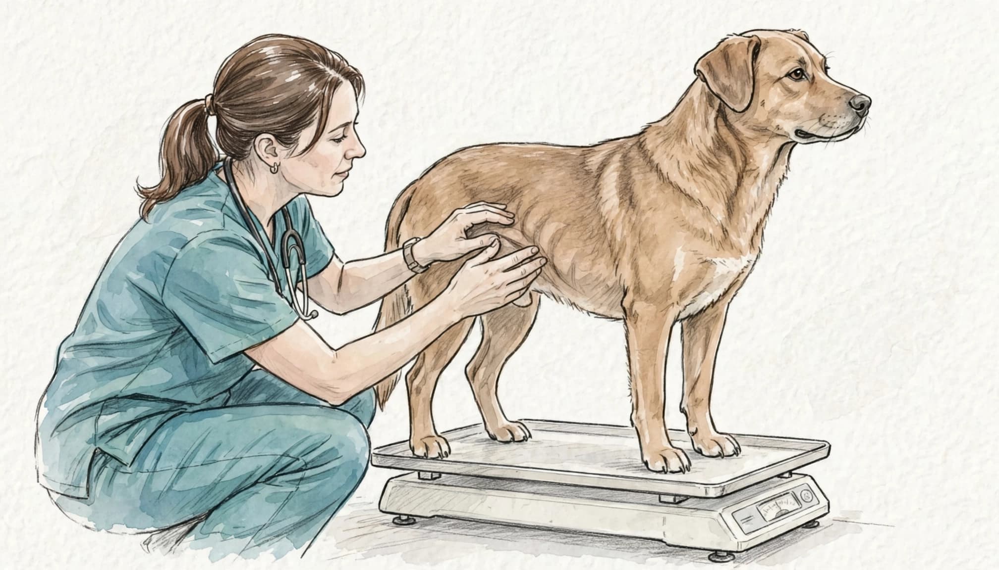 Tierärztin beurteilt die Rippen eines Hundes auf einer hellen Waage.