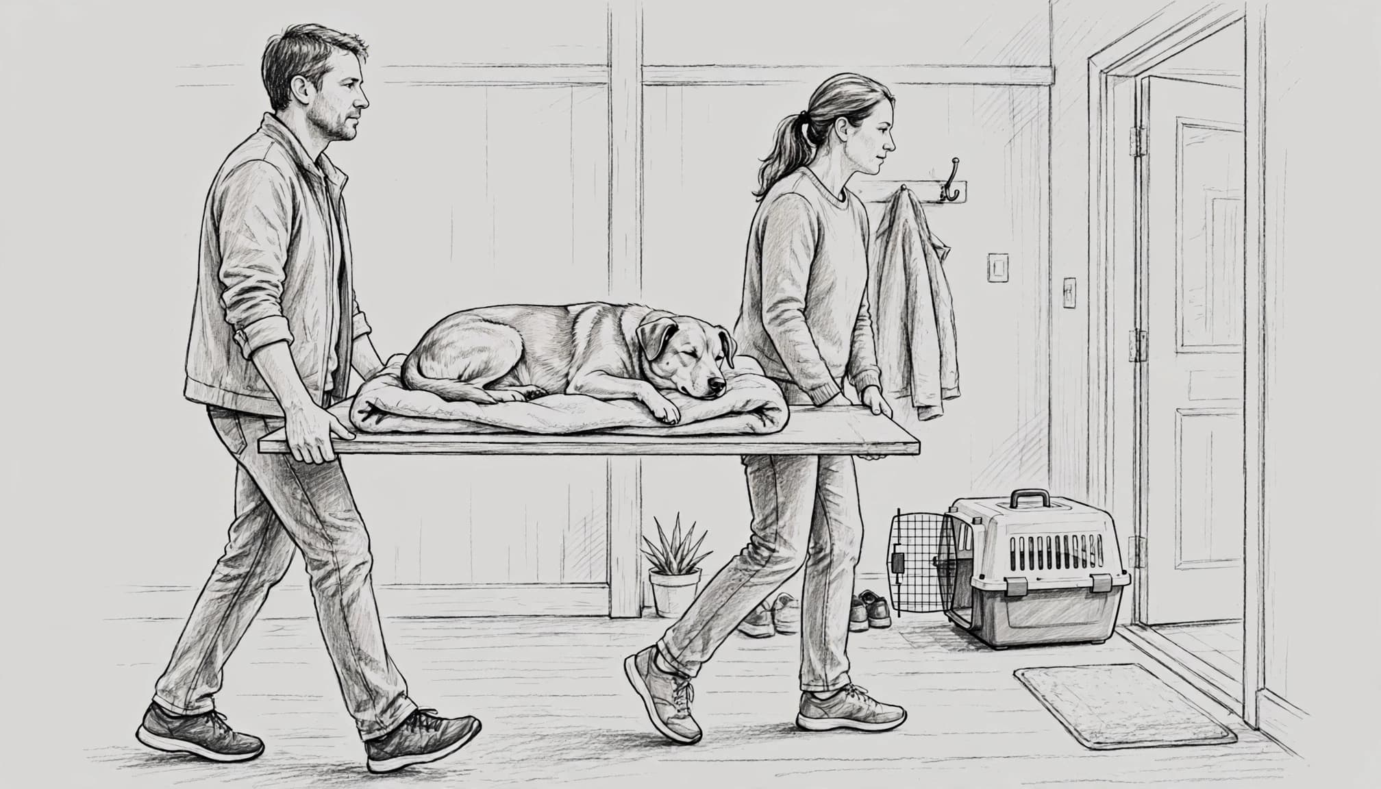 Zwei Erwachsene tragen einen Hund auf einem Brett mit Decke an einer Transportbox vorbei.