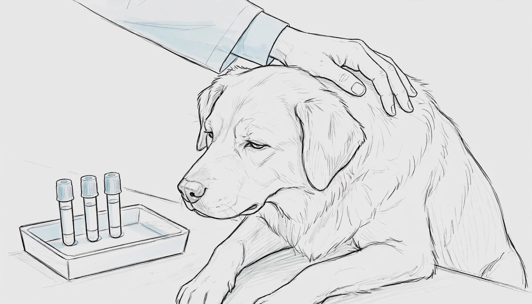 Ein Hund sitzt neben einem Blutprobentablett, während eine Hand seine Schulter beruhigt.