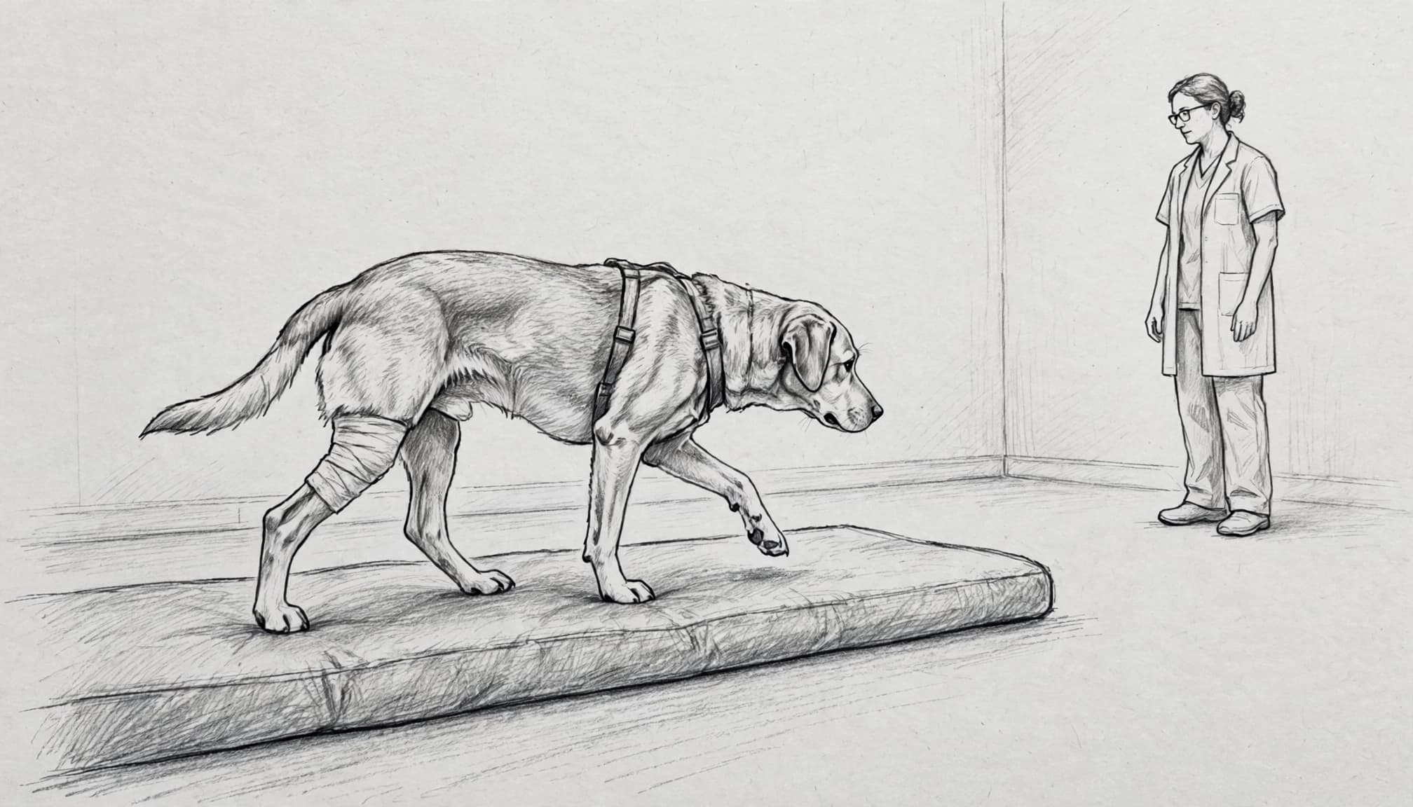 Ein Hund geht langsam über ein Polster, während eine Tierärztin ihn beobachtet.