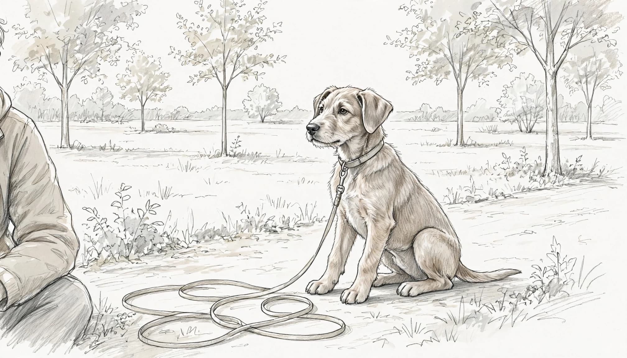 Jugendlicher Hund sitzt neben einer angeschnittenen Person auf einem ruhigen Parkweg.