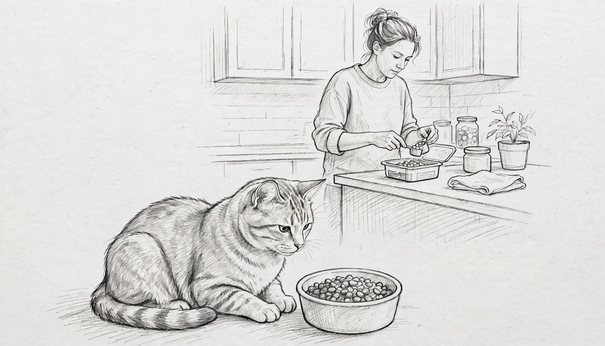 Eine Katze sitzt am Futternapf, während ihre Halterin in der Küche Futter vorbereitet.
