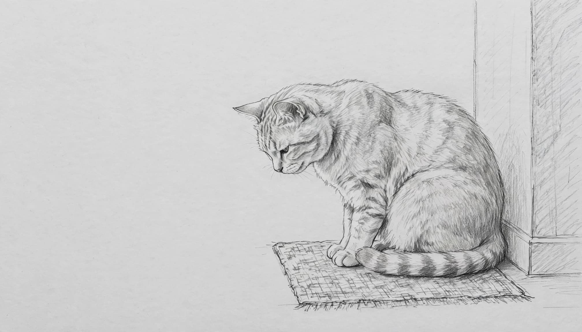 Eine geduckte Katze mit leicht gesenktem Kopf sitzt auf einem kleinen Teppich.