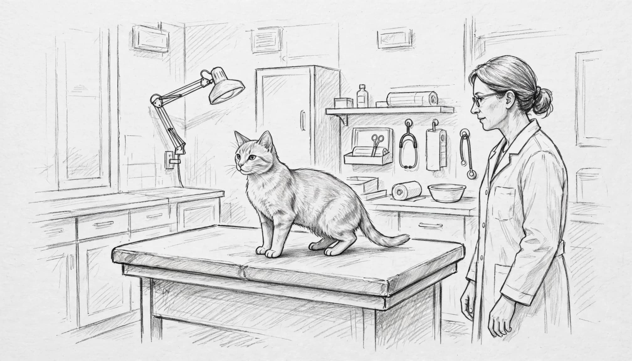 Eine Tierärztin beobachtet eine Katze auf der Untersuchungsliege.