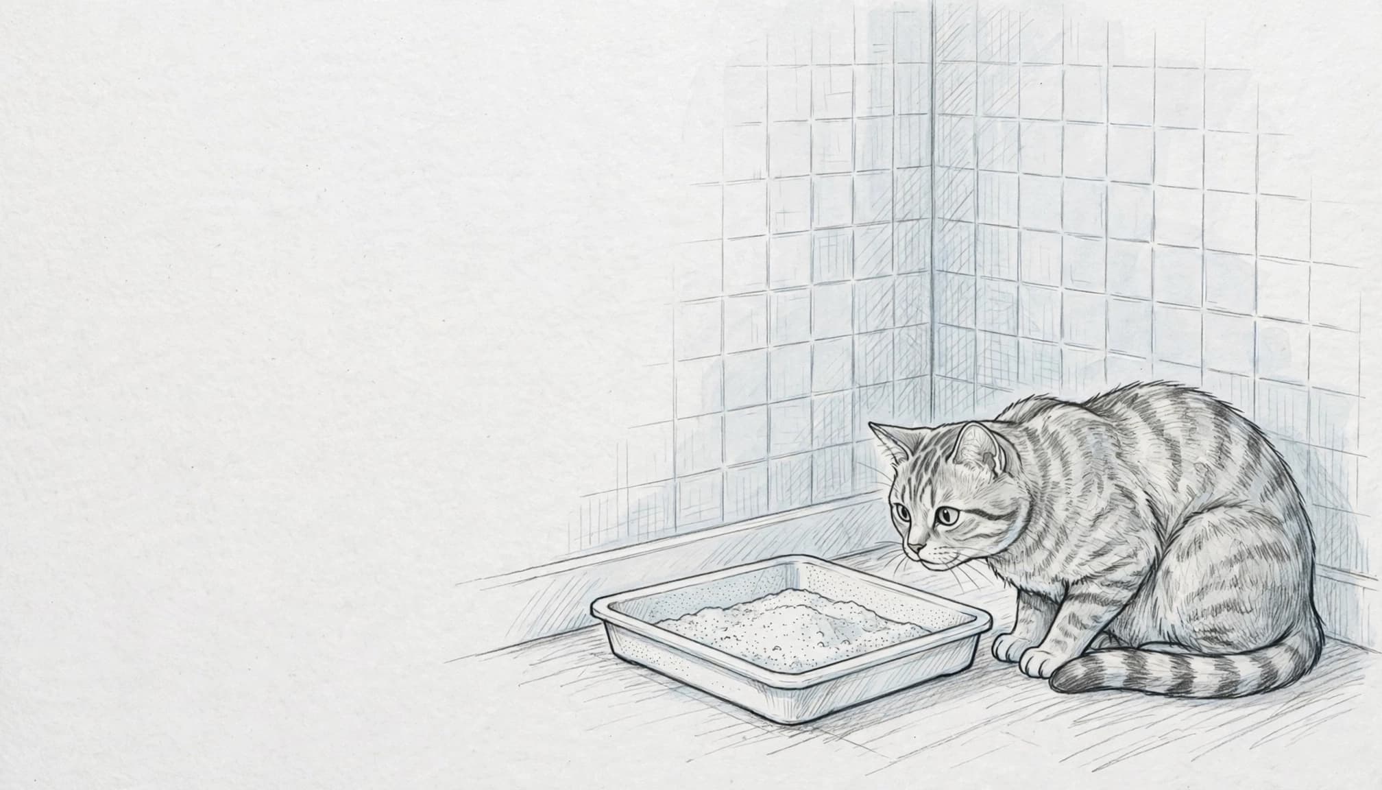 Eine angespannte Katze sitzt neben einer sauberen Katzentoilette.