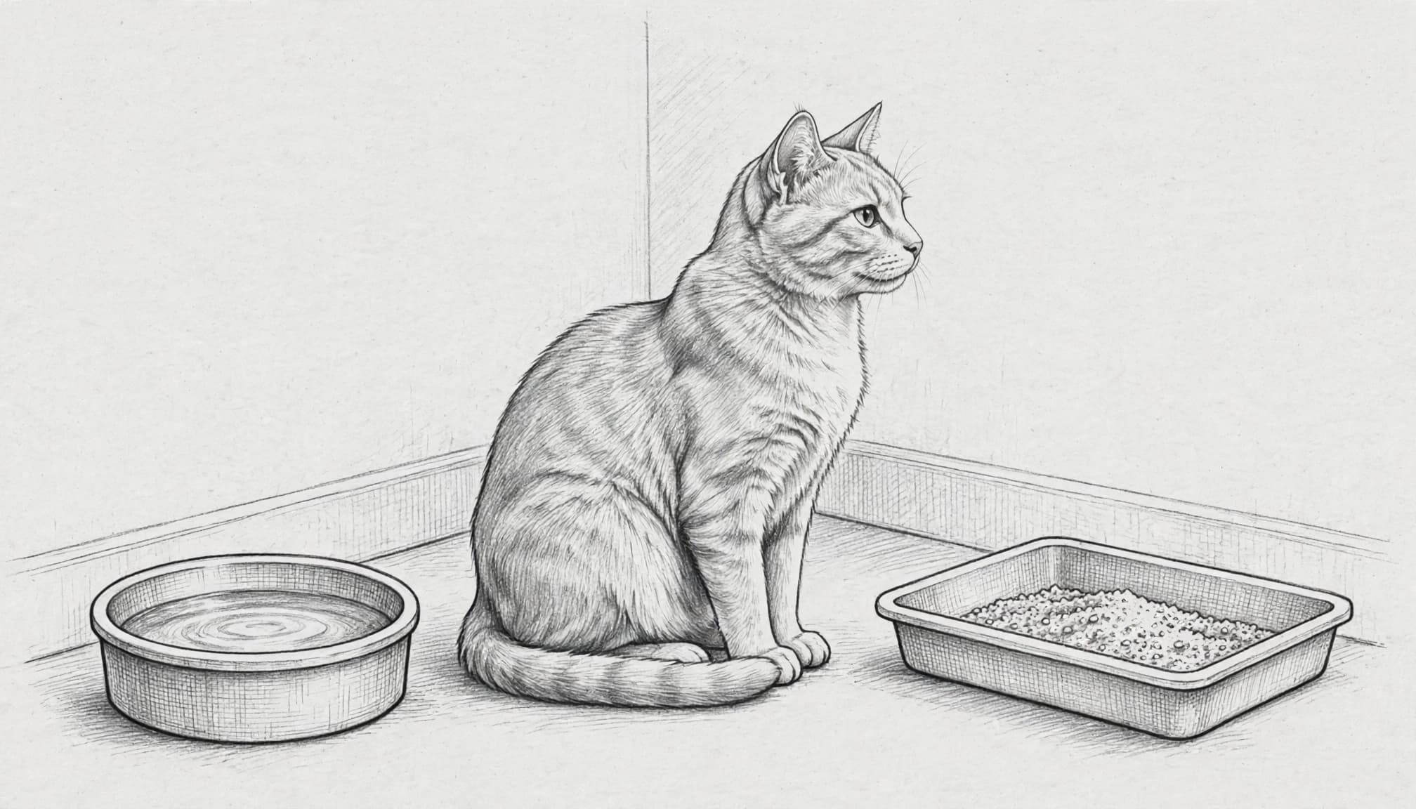 Eine Katze sitzt im Profil neben Wassernapf und Katzentoilette.
